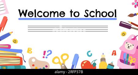 Schulbanner-Zeichentrickfilm. Handgezeichnete Vektordarstellung. Farbenfrohe Vorlage mit Schulzubehör für dein Lerndesign. Stock Vektor