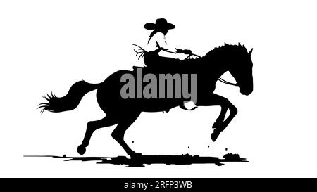 Ein westlicher Cowboy mit Hut, der reitet. Ein Mensch reitet ein Pferd. Schwarze Silhouette. Rodeo, Pferderennen, Wilder Westen, Western. Vektordarstellung isoliert auf weißem Hintergrund. Stock Vektor