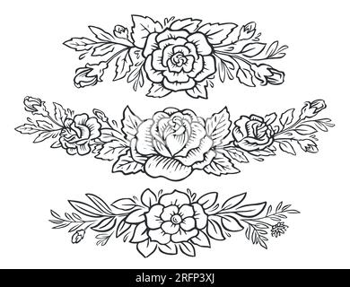Rahmenset mit Blumendesign. Rosen, Blumen und Blätter. Handgezeichnete Vintage-Muster-Skizze-Vektordarstellung Stock Vektor