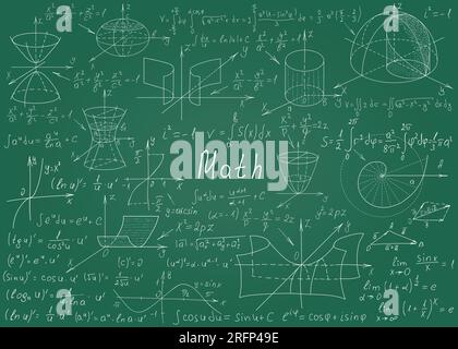 Mathematische Formeln, die von Hand auf einem grünen Schwarzen Brett für den Hintergrund gezeichnet werden. Vektordarstellung Stock Vektor
