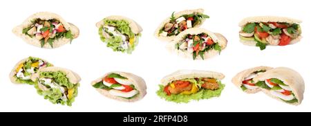 Collage mit leckeren Pita-Sandwiches, isoliert auf Weiß Stockfoto