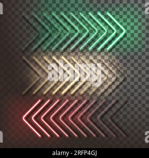 Neongrüne, gelbe und rote Pfeile auf transparentem Hintergrund. Vektordarstellung Stock Vektor