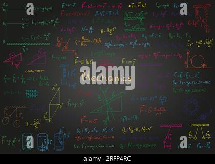 Physik farbenfrohe Formeln, die von Hand auf einer schwarzen Tafel für den Hintergrund gezeichnet wurden. Vektordarstellung Stock Vektor