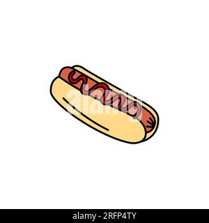 Hot Dog-Vektor-Doodle-Element isoliert. Kurzdarstellung eines traditionellen Fast Food-Essens. Handgezeichnete, niedliche, bunte Kritzeleien Stock Vektor