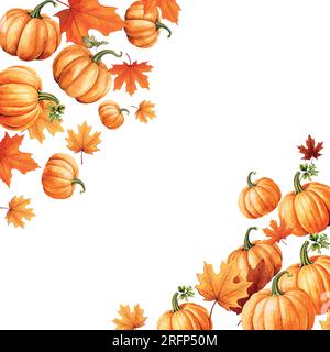 Weiße und gelbe Kürbisse, orangefarbene Blätter auf weißem Hintergrund. Einladung zum Herbstfest. Grenze von Herbstblättern und Kürbissen. Postkarte oder Banner. Stock Vektor