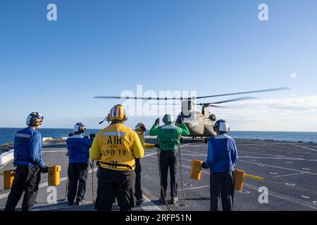 KORALLENMEER (23. Juli 2023) Seeleute, die dem weitergesetzten Amphibiendockschiff USS New Orleans (LPD 18) zugeteilt sind Zeigen Sie den Piloten eines Chinook-Hubschraubers CH-47 von der Japan Ground Self-Defense Force, dass sie erfolgreich Keile und Ketten entfernt haben, um den Start des Hubschraubers während des Flugbetriebs vorzubereiten, als Teil der Übung Talisman Sabre 23, Juli 23. New Orleans, Teil der America Amphibious Ready Group, führt zusammen mit der 31. Marine Expeditionary Unit Routineeinsätze im US-Flottengebiet 7. durch. U.S. 7. Fleet ist die USA Die Marine Stockfoto