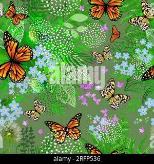 Wildblumen-Aquarell, Nahtloses Muster, Gartenblumen, Blumen, Boho. Nahtloser grüner Blumenhintergrund mit Schmetterlingen. Vektordarstellung Stock Vektor