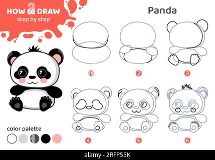Zeichenlehrgang für Kinder. Wie man Panda zeichnet. Stock Vektor