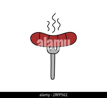 Heiße Würstchen auf Gabelvektor-isoliertem Doodle-Element. Kurzdarstellung von Fleischkost. Handgezeichnete, niedliche, bunte Kritzeleien. Stock Vektor