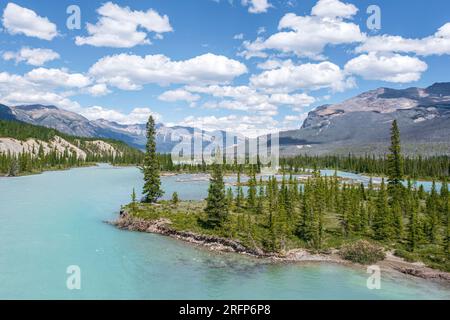 Der North Saskatchewan River fließt durch den Banff National Park in der Nähe des Highway 93. Stockfoto