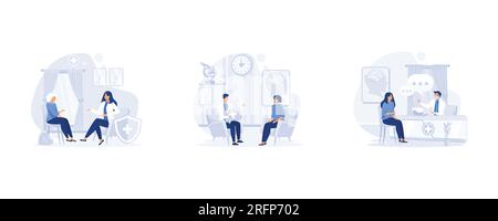 Inklusive Alltag, Beratung und Diagnose, Familientherapeut, Gesundheitsversorgung, Klinikarbeitsplatz, Legen Sie einen flachen Vektor mit moderner Illustration fest Stock Vektor