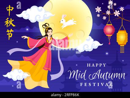 Happy Mid Autumn Festival Vector Illustration mit Kaninchen, die Laternen tragen, und genießen Sie die Mondkuchen-Feier in der Nacht der Full Moon Templates Stock Vektor