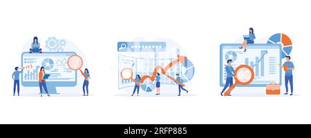 Geschäftskonzept, Infografik studieren, Datenanalyse, Diagramm mit Finanzberichten. Diagramme und Diagramme, legen einen flachen Vektor und eine moderne Illustration fest Stock Vektor