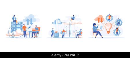 Cloud-Computing arbeiten Benutzer mit einer Cloud-Service-Plattform. Remote-Business-Management, Wireless-Computing-Service. Legen Sie einen flachen Vektor mit moderner Illustration fest Stock Vektor