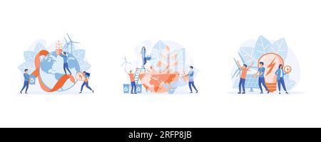 Konzept des Umweltbewusstseins und der Nachhaltigkeit. Umweltfreundliche Menschen mit Erdkugel, Happy Earth Day, Umweltmetapher, Flachvektor, moderne Illus Stock Vektor