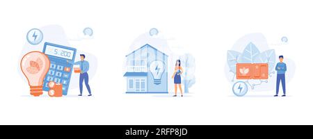 Nachhaltigkeit, Energiesparkonzept. Energieverbrauch im Haushalt. Charaktere, die energieeffiziente Geräte verwenden, stellen einen flachen Vektor und eine moderne Illustration her Stock Vektor