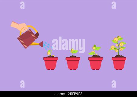 Flache Zeichentrickhand mit Dose bewässernde Geldpflanze in Topf Logo, Symbol, Symbol. Eine Reihe von Münzstapeln, Geld sparen und investieren oder Familienpl Stockfoto