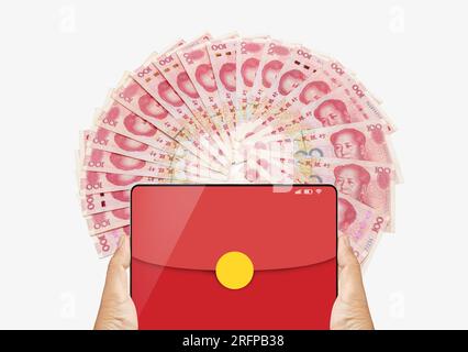 Das digitale hongbao auf dem Handy im chinesischen Mondneujahr. Verteilt Geld in papierroten Päckchen an die Familie Stockfoto