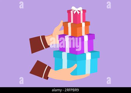 Flaches Grafikdesign mit Frauenhänden als Geschenk in Schachteln. Ein Mädchen mit einem riesigen Stapel Silvester präsentiert ein Symbol. Millenials Frau trägt einen Stapel Wrap Stockfoto