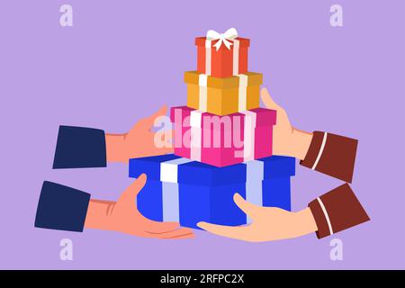 Cartoon flacher Stil, die Menschen zeichnen Hände geben einen Haufen Geschenkboxen. Ein Paar, das als Geschenk verpackt ist. Geburtstagsgeschenke Karton mit Band Stockfoto