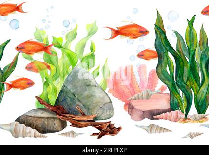 Aquarell mit nahtloser Umrandung von dunkelgrünen und hellgrünen Bandalgen, Bodensteinen, Korallen, Konusschalen, Stangen und goldenen Antias-Fischen auf Weiß Stockfoto