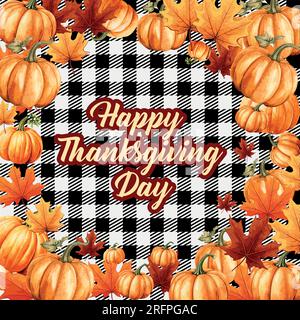 OrangenKürbisse im Herbst auf einem Karo. Perfekt für Herbst, Thanksgiving, Halloween, Urlaub, Stoff, Textil. Nahtlose Wiederholungsmuster Stock Vektor
