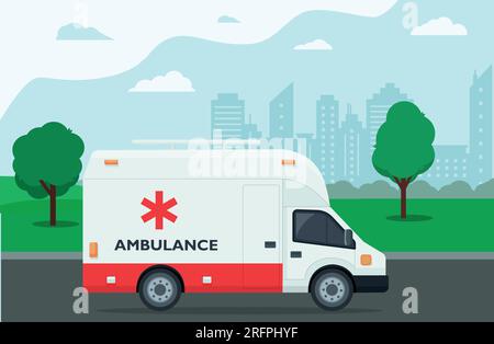 Krankenwagen auf dem Weg zum Krankenhaus. Hintergrund der Stadt und der Baumlandschaft. Medizinisches Konzept Flachbauweise. Vektordarstellung. Stock Vektor