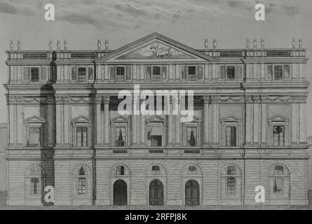 Italien. Mailand. La Scala. Blick auf die Hauptfassade. Gravur von A. Roca. "Los Héroes y las Grandezas de la Tierra". Band V. 1855. Stockfoto