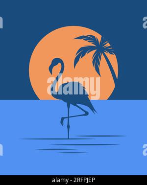 Silhouette eines Flamingos auf einem Bein im Wasser bei Sonnenuntergang. Abbildung eines flachen Vektors Stock Vektor