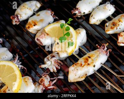 Nahaufnahme von frisch gegrillten Tintenfischspießen auf Holzkohlegrill mit Zitrone und frischem Oregano, köstliche gegrillte Meeresfrüchte Stockfoto
