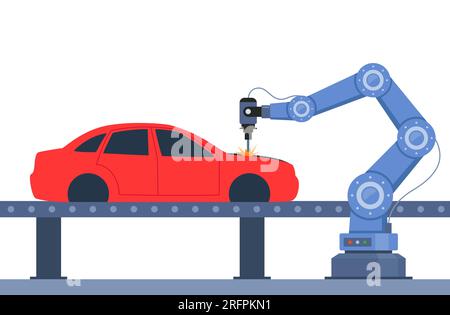Prozess der automatisierten Automobilproduktion. Teile auf der Maschinenlinie mit Roboterhänden. Montagelinie in einem Automobilwerk. Vektorgrafiken Stock Vektor