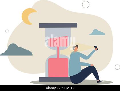 Bildschirmzeit, Scrollen des Untergangs oder Zeitverschwendung mit Smartphone, Verweilen bis spät in die Nacht mit mobilem Suchtkonzept. Flachvektordarstellung. Stock Vektor