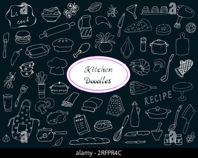 Handgezogenes Küchenutensilien, Speisen und Getränke, Restaurant und Kochen, Küche und Party-Hintergrund Stock Vektor