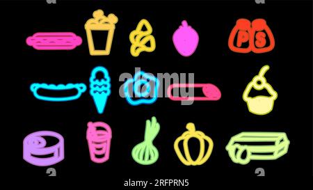Leuchtend leuchtende Neonfarben, buntes Set mit 15 Ikonen köstlicher Speisen und Snacks für das Restaurant Bar Café: Hot Dog, Huhn im Eimer, Erdbeere, Stock Vektor
