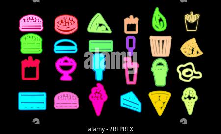 Leuchtend leuchtende Neonfarben, buntes Set mit 15 Ikonen köstlicher Speisen und Snacks für das Restaurant Bar Café: burger, Pizza, Eis, Pommes Frites. Stock Vektor