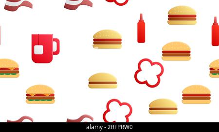 Endloses weißes, nahtloses Muster aus einer Reihe von Ikonen mit köstlichen Speisen und Snacks für ein Restaurant-Bar-Café: Tee, Burger, Ketchup, Speck, Jalapeno Stock Vektor