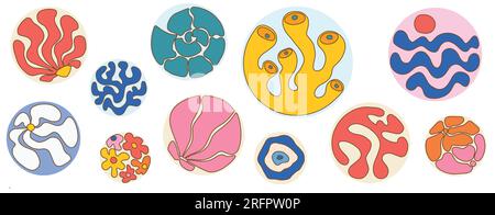 Naive Doodle Curve Aestethic Aufkleber in runder Form. Groovie Abstract Flower, Coral, Seashell, Wave im Retro-Stil. Organische Hippie-Hintergründe für T-Shirts, Hintergrundbilder, Case Phone. Vektordarstellung Stock Vektor