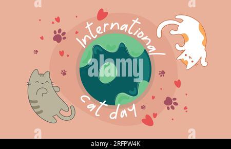 Hintergrund für den internationalen Katzentag am 8. August. Mit dem Fußabdruck der lustigen Katze und der Erde. Stock Vektor