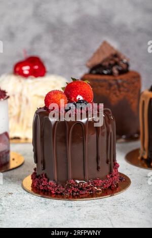 Sorten Kuchen. Auswahl an Schokolade- und Obstkuchen auf grauem Hintergrund Stockfoto