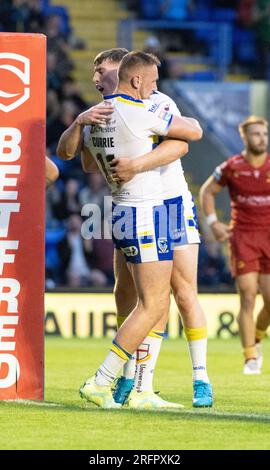 Warrington, Cheshire, England, 4. August 2023. Warrington Wolves Ben Currie feiert seinen Versuch während Warrington Wolves V Catalans Dragons im Halliwell Jones Stadium, der Betfred Super League, Warrington (Kreditbild: ©Cody Froggatt/Alamy Live News) Stockfoto