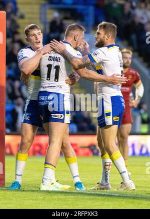 Warrington, Cheshire, England, 4. August 2023. Warrington Wolves feiert Ben Currie try während, Warrington Wolves V Catalans Dragons im Halliwell Jones Stadium, die Betfred Super League, Warrington (Kreditbild: ©Cody Froggatt/Alamy Live News) Stockfoto