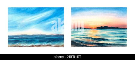 Romantisches Aquarell-Landschaftsbild-Set. Farbenfroher Sonnenuntergang und Sonnenaufgang am Meer, handgemalte Hintergrundbilder Stockfoto