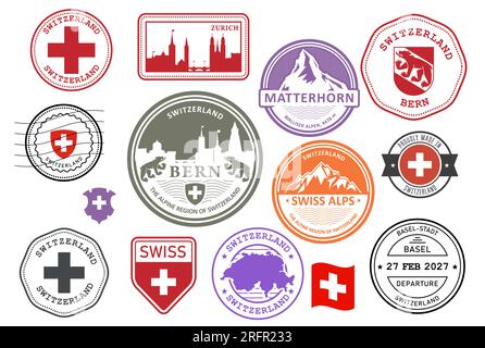 Schweizer und Alpen-Stempelsatz, schweizer Städte-Abzeichen, Etiketten und Symbole, Embleme und Flaggen, Vektor Stock Vektor