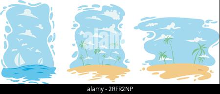 Ein Set von Flugzeugen für Sommerreisen mit Strandartikeln und Palmen. Vektorillustration Stock Vektor