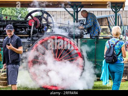 Alt Schwerin, Deutschland. 05. Aug. 2023. Auf der diesjährigen Dampfkonferenz im Agroneum Museum of Agricultural History wird ein historischer Dampftraktor vorbereitet. Vor allem Technologiefans aus den Niederlanden, die wegen Corona nicht zum letzten Treffen vor zwei Jahren reisen konnten, sind wieder in das Mecklenburg-Seengebiet gereist. Insgesamt sind mehr als 50 dampfbetriebene Traktoren und Maschinen in Aktion zu sehen, darunter etwa 13 große Maschinen. Kredit: Jens Büttner/dpa/Alamy Live News Stockfoto