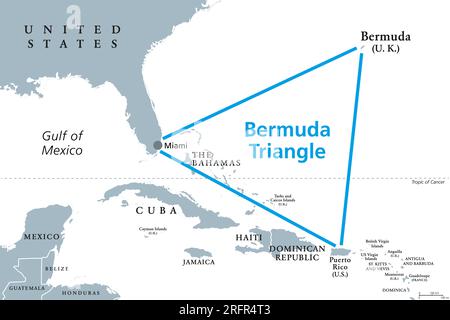 Das Bermuda-Dreieck oder das Teufelsdreieck, graue politische Karte. Region im Nordatlantik zwischen Bermuda, Miami und Puerto Rico. Stockfoto