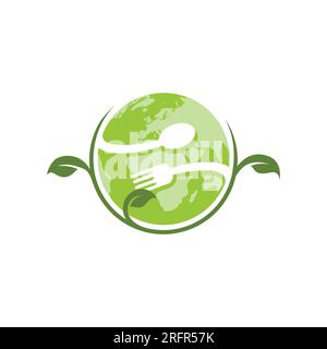 Vegetarier-veganisches Weltlogo-Symbol mit Globe-Vektorbild. Pflanzenbasiertes veganisches Öko-Symbol. Geeignetes vegetarisches Symbol Logo Blattpflanze Schild. Stock Vektor