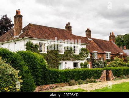 Ein typisches stilvolles englisches weißes Cottage mit Kletterbüschen über der Mauer in Cheriton, Hampshire, Großbritannien im August 2023. Stockfoto