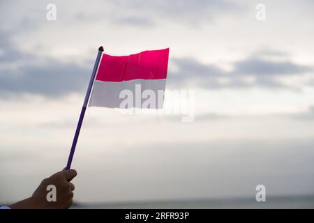 Hand mit indonesischer Flagge. Unabhängigkeitstag. Indonesische Flagge Stockfoto