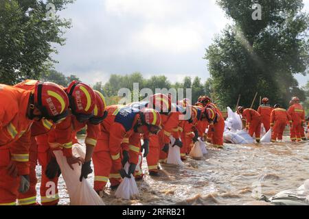 (230805) -- HARBIN, 5. August 2023 (Xinhua) -- Feuerwehrleute bringen Sandsäcke in den Yangming-Bezirk Mudanjiang, Provinz Heilongjiang im Nordosten Chinas, 5. August 2023. Ausgelöst durch sintflutartige Regenfälle in der Stadt Mudanjiang und der Provinzhauptstadt Harbin, haben die Wasserstände einiger Flüsse hier den Warnwasserstand überschritten. Rettungsteams, darunter örtliche Feuerwehrleute und Waldbrandwehrleute, wurden entsandt, um bei der Rettung und Hilfe zu helfen. Die 24-Stunden-Patrouillen auf den Dämmen wurden durchgeführt, um die Risiken zu kontrollieren, und die Überschwemmungen, von denen die Bewohner betroffen waren, wurden umgesiedelt. Stockfoto